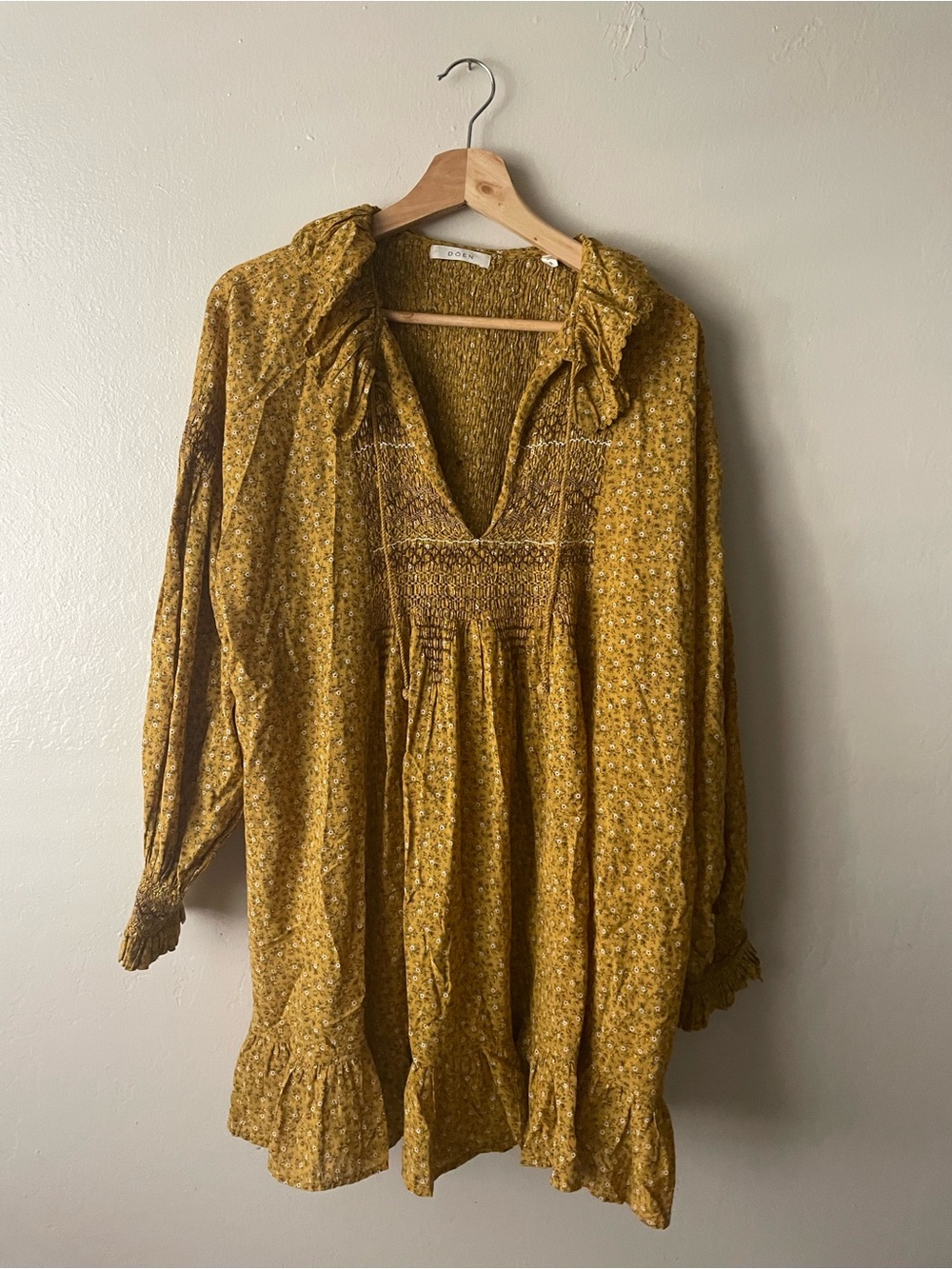 Doen Mustard Floral Smocked Long Sleeve Mini Dress